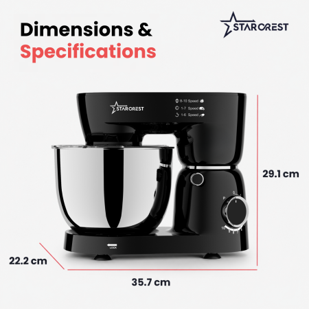 STARCREST SKM-1045BK Stand Mixer, 1500 W, 4.5 L Stainless Steel Bowl, 4 Accessories, 10 Speeds + Pulse, Black [6]
