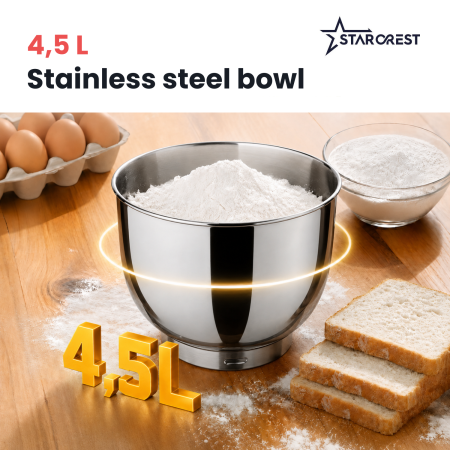 STARCREST SKM-1045BK Stand Mixer, 1500 W, 4.5 L Stainless Steel Bowl, 4 Accessories, 10 Speeds + Pulse, Black [4]