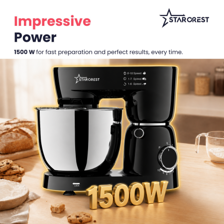 STARCREST SKM-1045BK Stand Mixer, 1500 W, 4.5 L Stainless Steel Bowl, 4 Accessories, 10 Speeds + Pulse, Black [2]