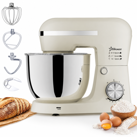 Stand Mixers with Bowl - STARCREST SKM-1550CR Kitchen Stand Mixer, 1500 W, 5 L Stainless Steel Bowl, 4 Accessories, 10 Speeds + Pulse, Cream