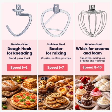 STARCREST SKM-1550CR Kitchen Stand Mixer, 1500 W, 5 L Stainless Steel Bowl, 4 Accessories, 10 Speeds + Pulse, Cream [4]