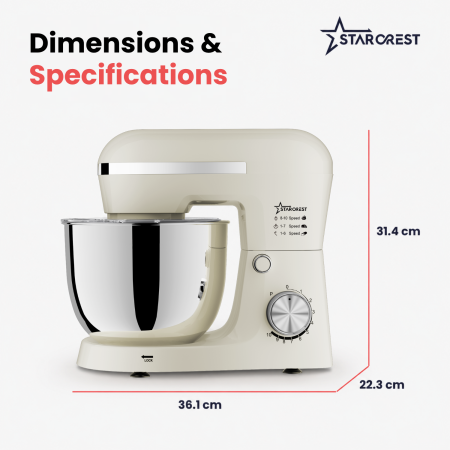 STARCREST SKM-1550CR Kitchen Stand Mixer, 1500 W, 5 L Stainless Steel Bowl, 4 Accessories, 10 Speeds + Pulse, Cream [6]