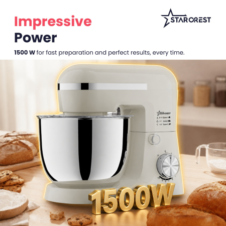 STARCREST SKM-1550CR Kitchen Stand Mixer, 1500 W, 5 L Stainless Steel Bowl, 4 Accessories, 10 Speeds + Pulse, Cream [2]