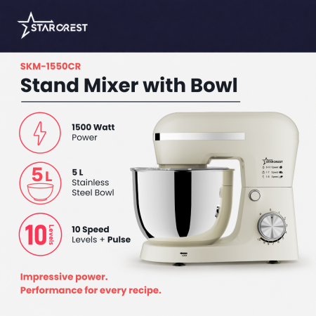 STARCREST SKM-1550CR Kitchen Stand Mixer, 1500 W, 5 L Stainless Steel Bowl, 4 Accessories, 10 Speeds + Pulse, Cream [1]