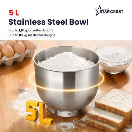 STARCREST SKM-1550CR Kitchen Stand Mixer, 1500 W, 5 L Stainless Steel Bowl, 4 Accessories, 10 Speeds + Pulse, Cream [3]