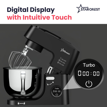 STARCREST SKM-1650BK 5L Stainless Steel Bowl Mixer, 1.5 kg Dough Capacity, 1600W Power, 3 Accessories, 8 Speeds + Turbo, Black [4]