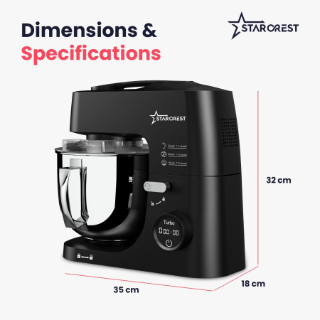 STARCREST SKM-1650BK 5L Stainless Steel Bowl Mixer, 1.5 kg Dough Capacity, 1600W Power, 3 Accessories, 8 Speeds + Turbo, Black [7]