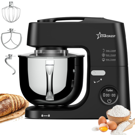 Stand Mixers with Bowl - STARCREST SKM-1650BK 5L Stainless Steel Bowl Mixer, 1.5 kg Dough Capacity, 1600W Power, 3 Accessories, 8 Speeds + Turbo, Black