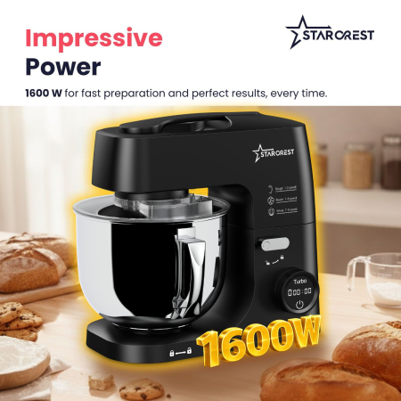 STARCREST SKM-1650BK 5L Stainless Steel Bowl Mixer, 1.5 kg Dough Capacity, 1600W Power, 3 Accessories, 8 Speeds + Turbo, Black [2]