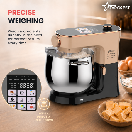 STARCREST SKM-2010BB Stand Mixer, 2000 W, 10 L Stainless Steel Bowl, 5 Accessories, 10 Speeds + Pulse Function, Digital Controls, Built-in Scale, Proofing Function, Black/Bronze [5]