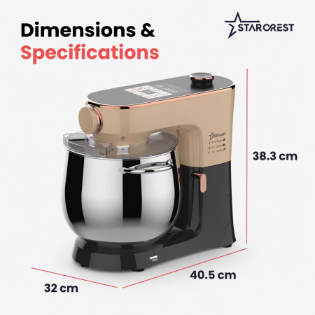 STARCREST SKM-2010BB Stand Mixer, 2000 W, 10 L Stainless Steel Bowl, 5 Accessories, 10 Speeds + Pulse Function, Digital Controls, Built-in Scale, Proofing Function, Black/Bronze [8]