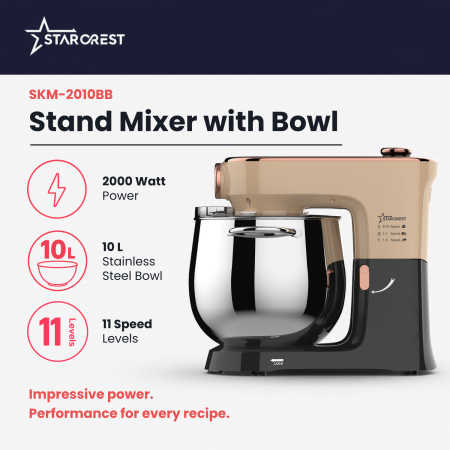 STARCREST SKM-2010BB Stand Mixer, 2000 W, 10 L Stainless Steel Bowl, 5 Accessories, 10 Speeds + Pulse Function, Digital Controls, Built-in Scale, Proofing Function, Black/Bronze [1]