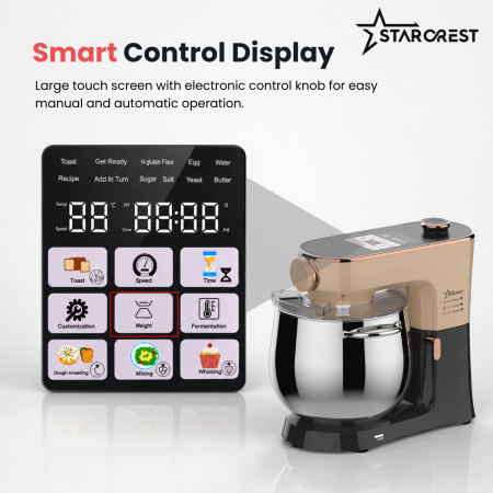 STARCREST SKM-2010BB Stand Mixer, 2000 W, 10 L Stainless Steel Bowl, 5 Accessories, 10 Speeds + Pulse Function, Digital Controls, Built-in Scale, Proofing Function, Black/Bronze [4]