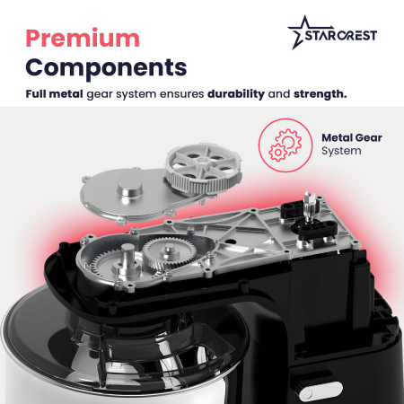 STARCREST SKM-2070BK Stand Mixer with 7L Stainless Steel Bowl, 2.1 kg Dough Capacity, 2000W Power, 3 Stainless Steel Attachments, 8 Speeds + Turbo, Black [6]