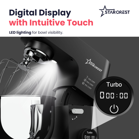 STARCREST SKM-2070BK Stand Mixer with 7L Stainless Steel Bowl, 2.1 kg Dough Capacity, 2000W Power, 3 Stainless Steel Attachments, 8 Speeds + Turbo, Black [4]