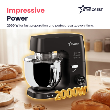STARCREST SKM-2070BK Stand Mixer with 7L Stainless Steel Bowl, 2.1 kg Dough Capacity, 2000W Power, 3 Stainless Steel Attachments, 8 Speeds + Turbo, Black [2]