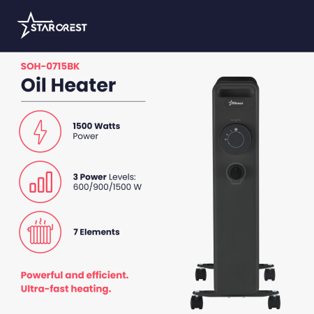 STARCREST SOH-0715BK Oil-Filled Electric Heater, 1500 W, 7 Fins, 3 Power Levels, Mechanical Thermostat, Overheat Protection, Tip-Over Safety, Black [2]