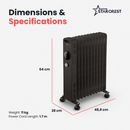 STARCREST SOH-1123MBK Oil-Filled Electric Radiator, 2300 W, 11 Elements, 3 Power Levels, Mechanical Thermostat, Overheat Protection, Tip-Over Safety, Black [6]