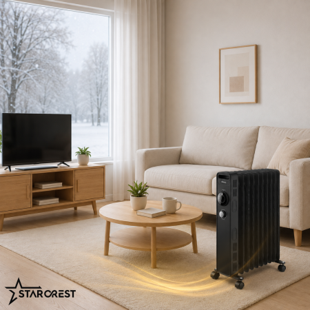 STARCREST SOH-1123MBK Oil-Filled Electric Radiator, 2300 W, 11 Elements, 3 Power Levels, Mechanical Thermostat, Overheat Protection, Tip-Over Safety, Black [8]
