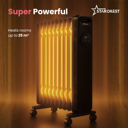 STARCREST SOH-1325BK Oil-Filled Electric Radiator, 2500 W, 13 Fins, Timer, 3 Power Levels, Digital Thermostat, Overheat Protection, Tip-Over Safety, Black [4]