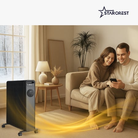 STARCREST SOH-1325BK Oil-Filled Electric Radiator, 2500 W, 13 Fins, Timer, 3 Power Levels, Digital Thermostat, Overheat Protection, Tip-Over Safety, Black [7]