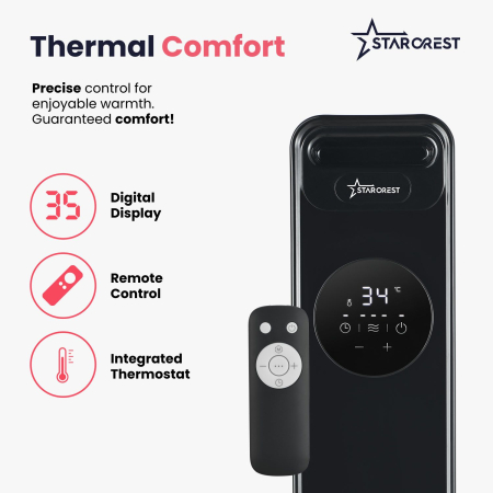 STARCREST SOH-1325BK Oil-Filled Electric Radiator, 2500 W, 13 Fins, Timer, 3 Power Levels, Digital Thermostat, Overheat Protection, Tip-Over Safety, Black [2]