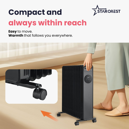 STARCREST SOH-1325BK Oil-Filled Electric Radiator, 2500 W, 13 Fins, Timer, 3 Power Levels, Digital Thermostat, Overheat Protection, Tip-Over Safety, Black [6]