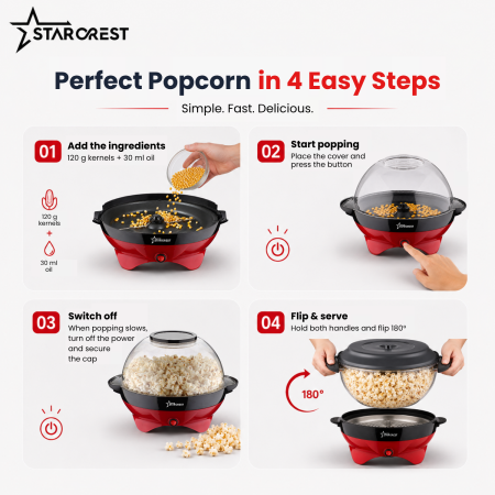 STARCREST SPM-8055RD Popcorn Maker, 800W, 4-Minute Preparation Time, 5.7 L Serving Bowl, Removable Cooking Plate, Red [2]