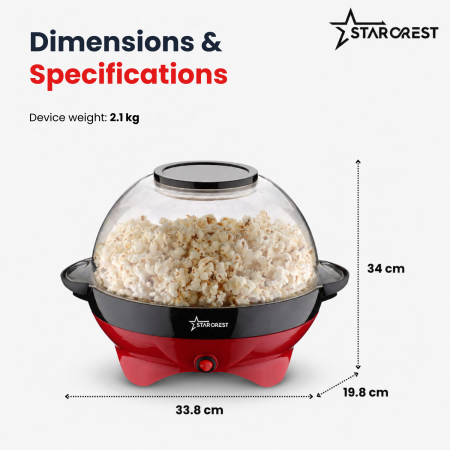STARCREST SPM-8055RD Popcorn Maker, 800W, 4-Minute Preparation Time, 5.7 L Serving Bowl, Removable Cooking Plate, Red [7]