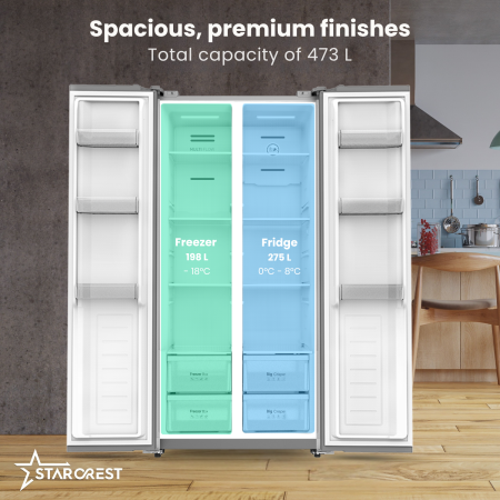 STARCREST SSBS-473IXE Side-by-Side Refrigerator, Energy Class E, No Frost, 473 L, 178.5 cm Height, Digital Display, Inverter Compressor, Stainless Steel [2]
