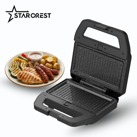 STARCREST SSM-3180BX Sandwich Maker, 800 W, 3 Types of Detachable Plates with Ceramic Coating: Grill / Triangle Sandwich / Waffles, Plate Size 21.6 x 12 cm, Black/Stainless Steel [4]