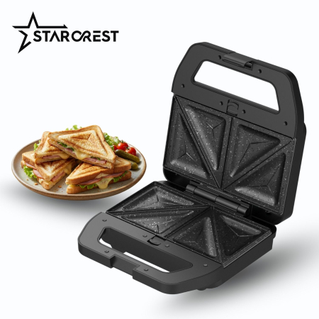 STARCREST SSM-3180BX Sandwich Maker, 800 W, 3 Types of Detachable Plates with Ceramic Coating: Grill / Triangle Sandwich / Waffles, Plate Size 21.6 x 12 cm, Black/Stainless Steel [3]