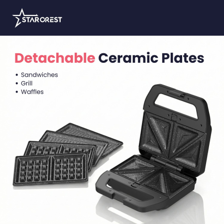 STARCREST SSM-3180BX Sandwich Maker, 800 W, 3 Types of Detachable Plates with Ceramic Coating: Grill / Triangle Sandwich / Waffles, Plate Size 21.6 x 12 cm, Black/Stainless Steel [2]