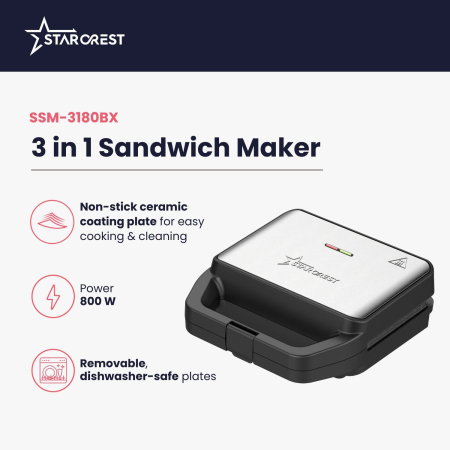 STARCREST SSM-3180BX Sandwich Maker, 800 W, 3 Types of Detachable Plates with Ceramic Coating: Grill / Triangle Sandwich / Waffles, Plate Size 21.6 x 12 cm, Black/Stainless Steel [1]