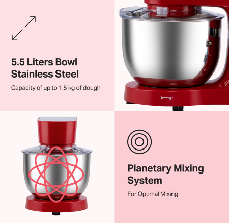 STARCREST Stand Mixer SKM-1500RD, 1500W, 5.5 L Stainless Steel Bowl, 5 Accessories, 6 Speeds + Pulse, Metal Gears, Red & Stainless Steel [1]