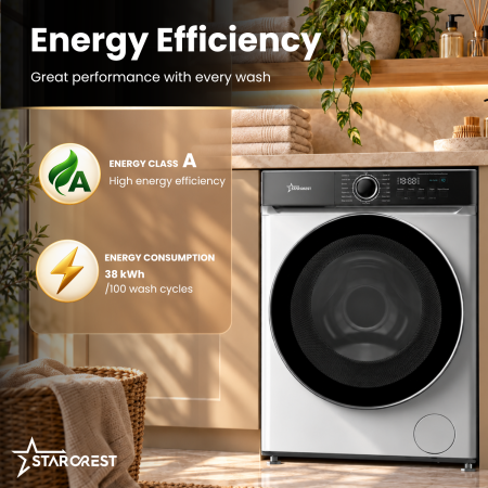 STARCREST SWM-8014WH Washing Machine, 8 kg, 1400 RPM, Energy Class A, BLDC Inverter Motor, 15 Programs, Steam Function, Digital Display, White [2]