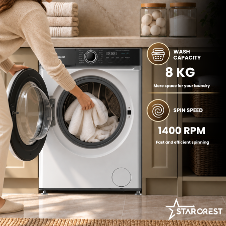 STARCREST SWM-8014WH Washing Machine, 8 kg, 1400 RPM, Energy Class A, BLDC Inverter Motor, 15 Programs, Steam Function, Digital Display, White [1]