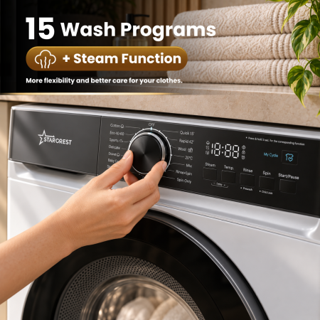 STARCREST SWM-8014WH Washing Machine, 8 kg, 1400 RPM, Energy Class A, BLDC Inverter Motor, 15 Programs, Steam Function, Digital Display, White [3]