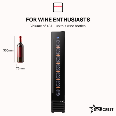 STARCREST SWN-1807 Wine Cooler, 7-Bottle Capacity, Class F, Wooden Shelves, Electronic Control, Display, LED Interior Lighting, 86.6 cm Height, Black [1]