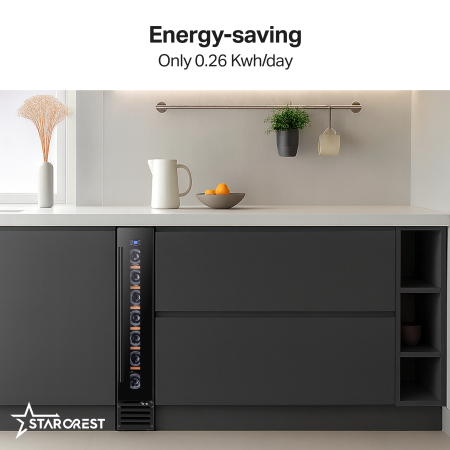 STARCREST SWN-1807 Wine Cooler, 7-Bottle Capacity, Class F, Wooden Shelves, Electronic Control, Display, LED Interior Lighting, 86.6 cm Height, Black [2]