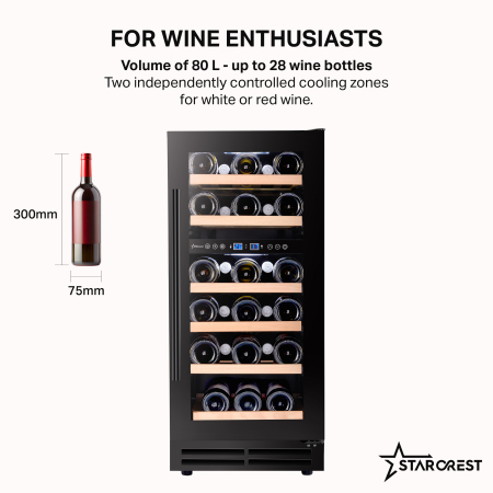 STARCREST SWN-8028DZ Built-in Wine Cooler, 80L, 28 Bottles, Beech Wood Shelves, 2 Cooling Zones, Electronic Control, Display, LED Interior Lighting, 85.5 cm Height, Black [1]