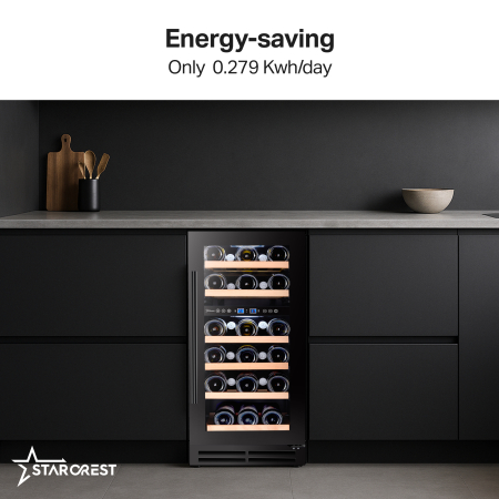 STARCREST SWN-8028DZ Built-in Wine Cooler, 80L, 28 Bottles, Beech Wood Shelves, 2 Cooling Zones, Electronic Control, Display, LED Interior Lighting, 85.5 cm Height, Black [2]
