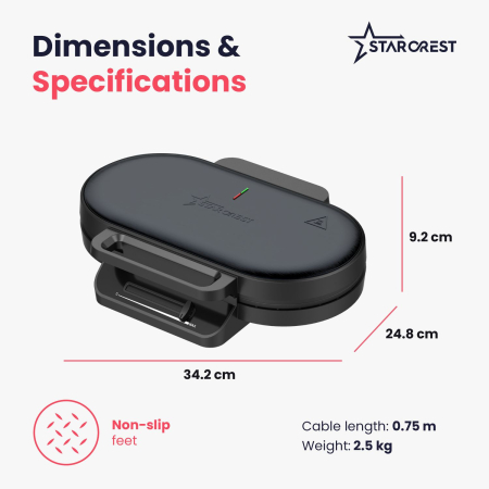 STARCREST Waffle Maker WM-2602X, 1200W, Dual Cooking Plates, Adjustable Temperature Knob, Non-Stick Coated Plates, Black/Stainless Steel [4]