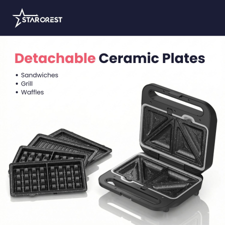 STARCREST XL 3-in-1 Sandwich Maker SSM-3110XL, 1000 W, 3 Types Of Detachable Plates With Ceramic Coating: Grill / Triangular Sandwich / Waffles, Plate Size 23 × 13 cm, Black/Stainless Steel [2]