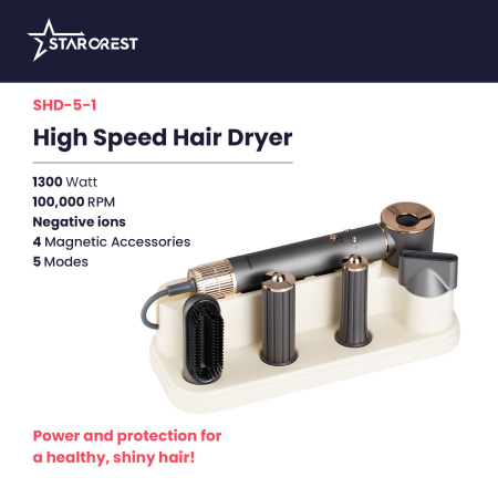 STARCREST Professional Hair Dryer SHD-5-1, 1300 W, 4 Accessories Included, 3 Speed Settings, 3 Heat Settings, Cool Air Button, Gray [1]