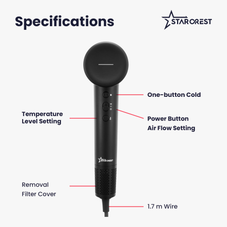 STARCREST Hair Dryer SHD-2BK, 1600 W, 110,000 RPM, Ionic Technology, 3 Heat Settings, 2 Speed Settings, Cool Air Button, Black [6]