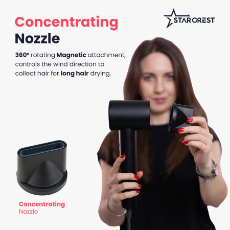 STARCREST Hair Dryer SHD-2BK, 1600 W, 110,000 RPM, Ionic Technology, 3 Heat Settings, 2 Speed Settings, Cool Air Button, Black [2]