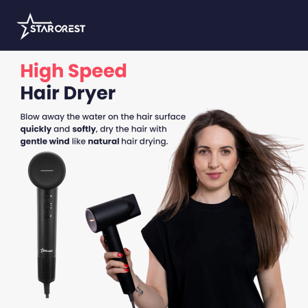 STARCREST Hair Dryer SHD-2BK, 1600 W, 110,000 RPM, Ionic Technology, 3 Heat Settings, 2 Speed Settings, Cool Air Button, Black [1]