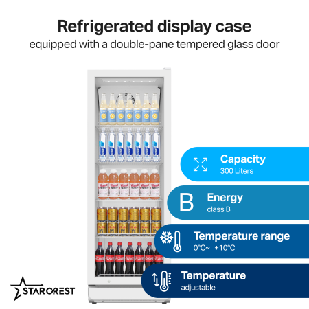 STARCREST Professional Refrigerated Display Case SPS-300WH, 300 L, Adjustable Thermostat, LED Lighting, H 169.5 cm, White [1]