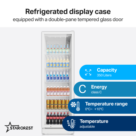 STARCREST Professional Refrigerated Display Case SPS-351WH, 350 L, Adjustable Thermostat, LED Lighting, H 194.5 cm, White [1]